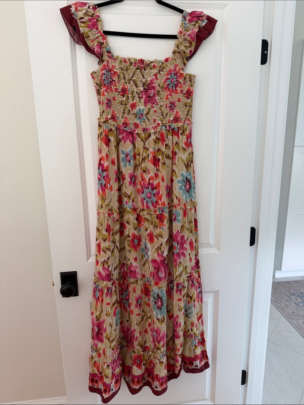 Farm Rio-esque Maxi Dress with Smocked Bodice and flutter straps - Pink & Green